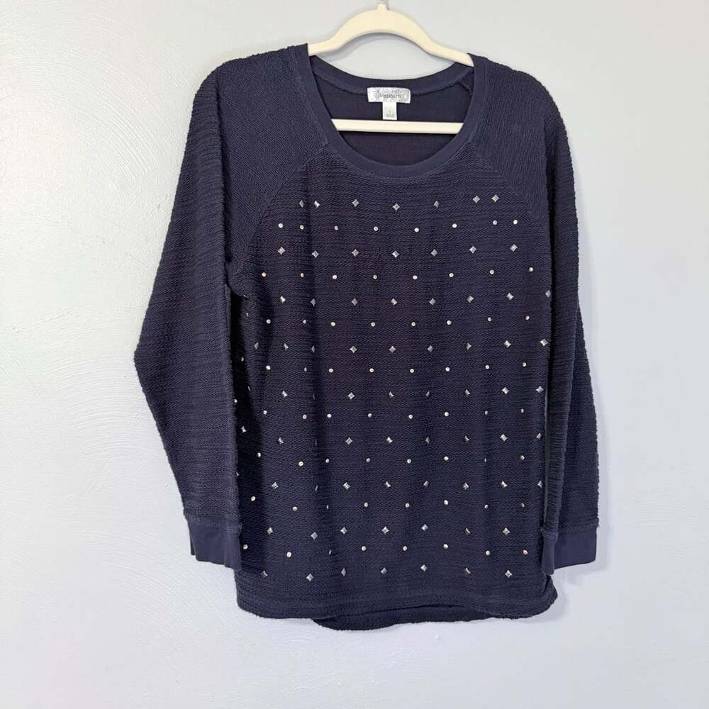 Dressbarn Navy Blue Silver Studded Front Knit Pullover Sweater L